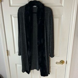 Vine Street Charcoal‎ Heather Gray Open Long Cardigan Faux Fur Trim, Sz 2X